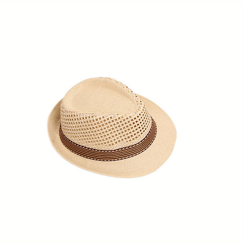 1pc Retro Unisex Straw Hat - Breathable Dual Tone Mesh Shoulder Strap, Dark Waistband, Summer Beach Vacation Sun Hat