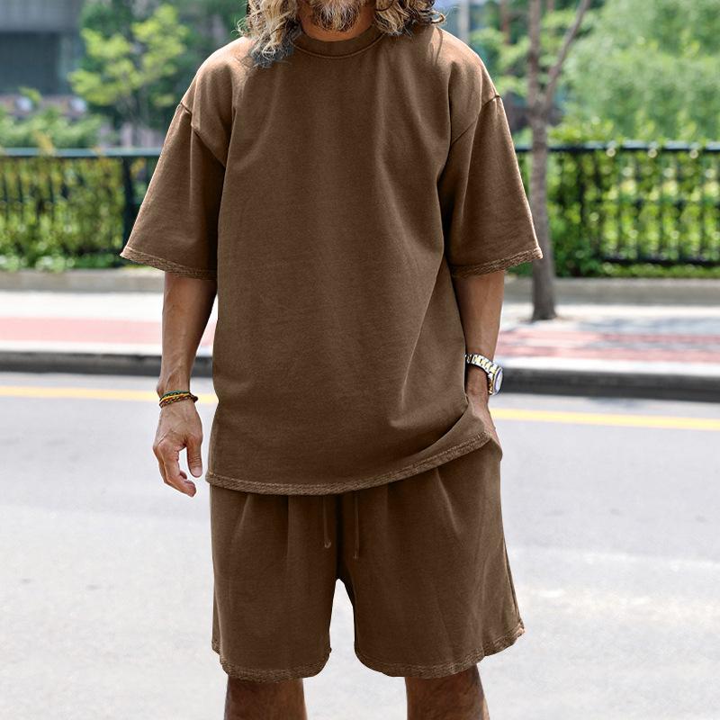 

Летние мужские однотонные свободные спортивные костюмы, повседневная футболка с короткими рукавами + шорты, брюки, комплекты из двух предметов, женский модный костюм L коричневый