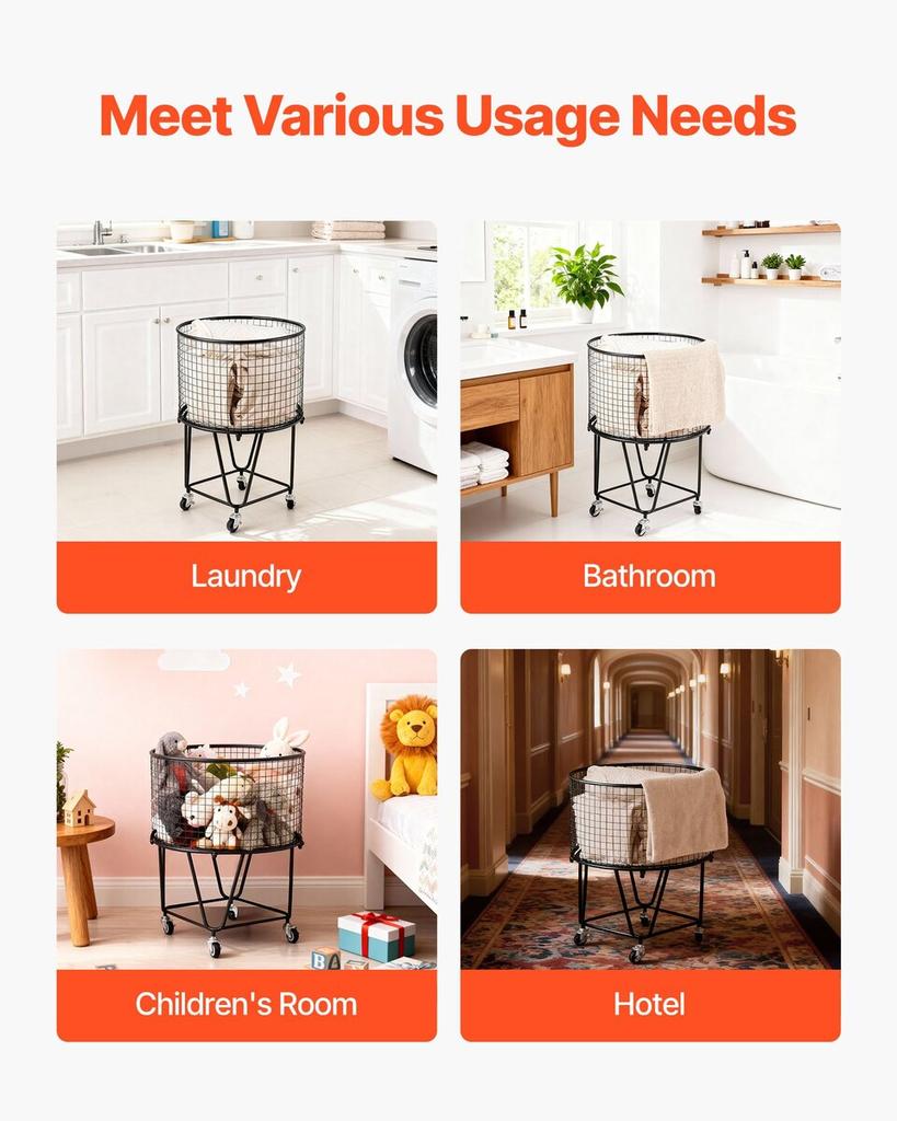 Laundry Cart, Rolling Round Grocery Utility Cart with 360° Swivel Wheels, 27 KG Large Load Capacity, Heavy Duty Carbon Steel Shopping Basket for