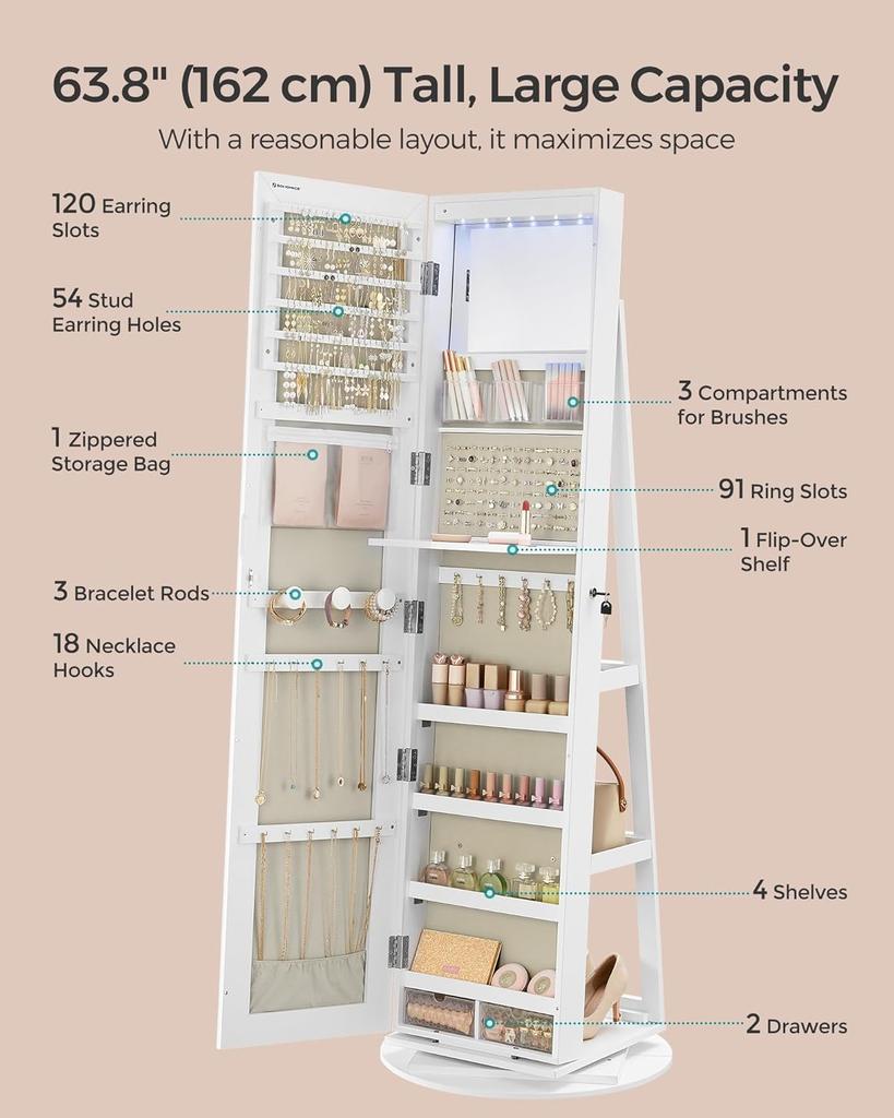 SONGMICS 6 LEDs Lockable Mirror Jewelry Cabinet, 360 Degrees Swivel Jewelry Organizer, Standing Jewelry Armoire, Frameless Full-Length Mirror