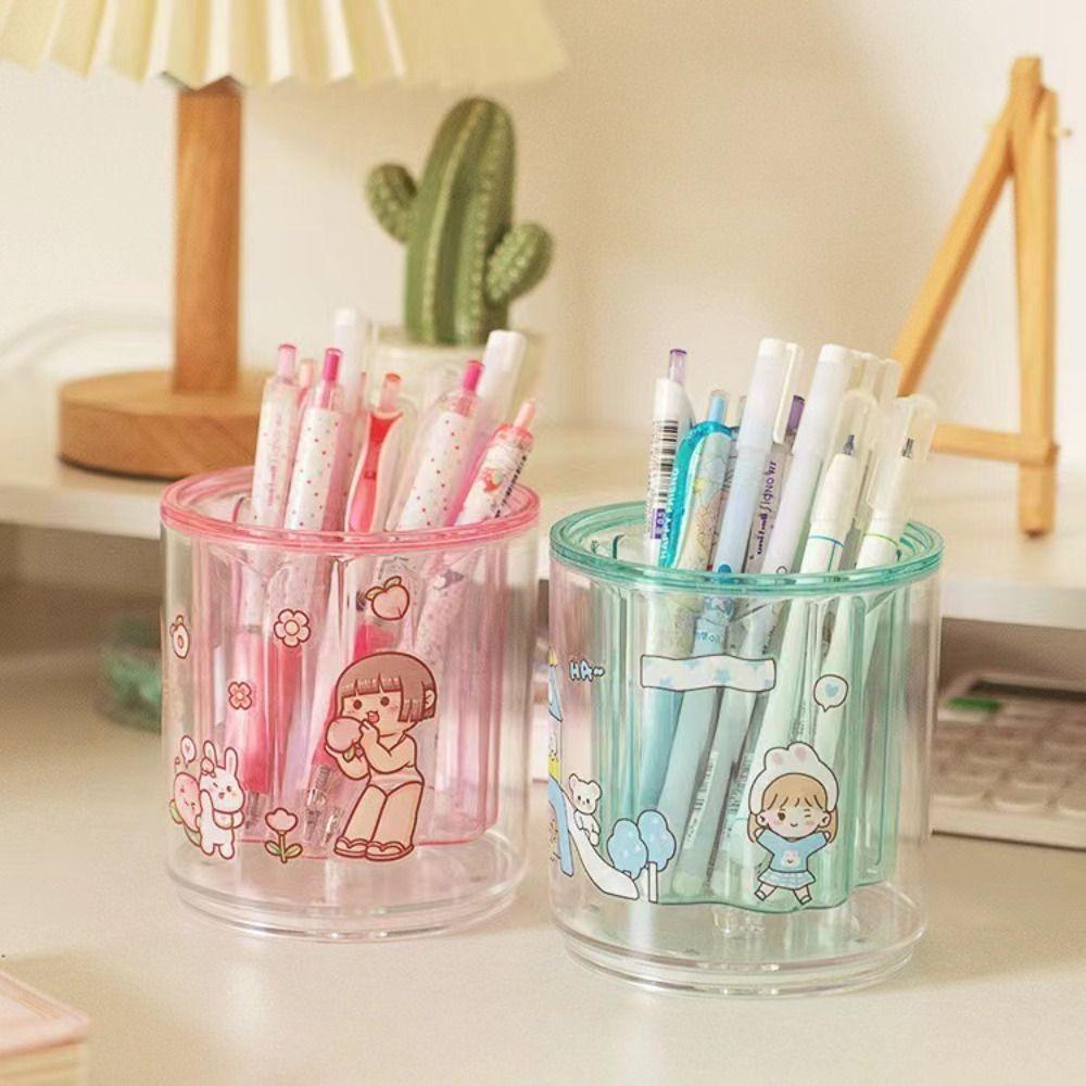 School Office Supplies Pen Holder 360° Rotatable Brush Pot Clear Pencil Storage Box  for Students