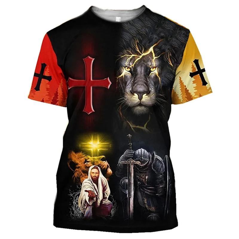 Löwe Jesus Muster T-Shirt Für Männer Retro Rundhals Kurze Ärmel Oberteile 3D Gedrucktes Christliches T-Shirt Sommer Locker T-Shirts