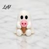 Sweet Cool Room Ornaments Halloween Mini Ghost Decorative Figurine 3D Printed White Statue with Pink Skull Ice Cream Cute Desktop Ornament for Home