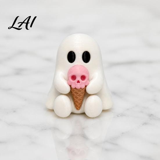 Sweet Cool Room Ornaments Halloween Mini Ghost Decorative Figurine 3D Printed White Statue with Pink Skull Ice Cream Cute Desktop Ornament for Home