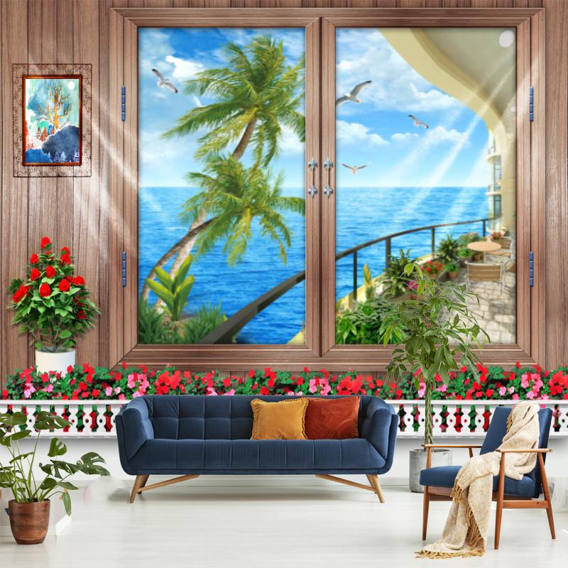 Simulation window tapestry forest mushroom tapestry scenery wall hanging flower mural art bedroom home decoration