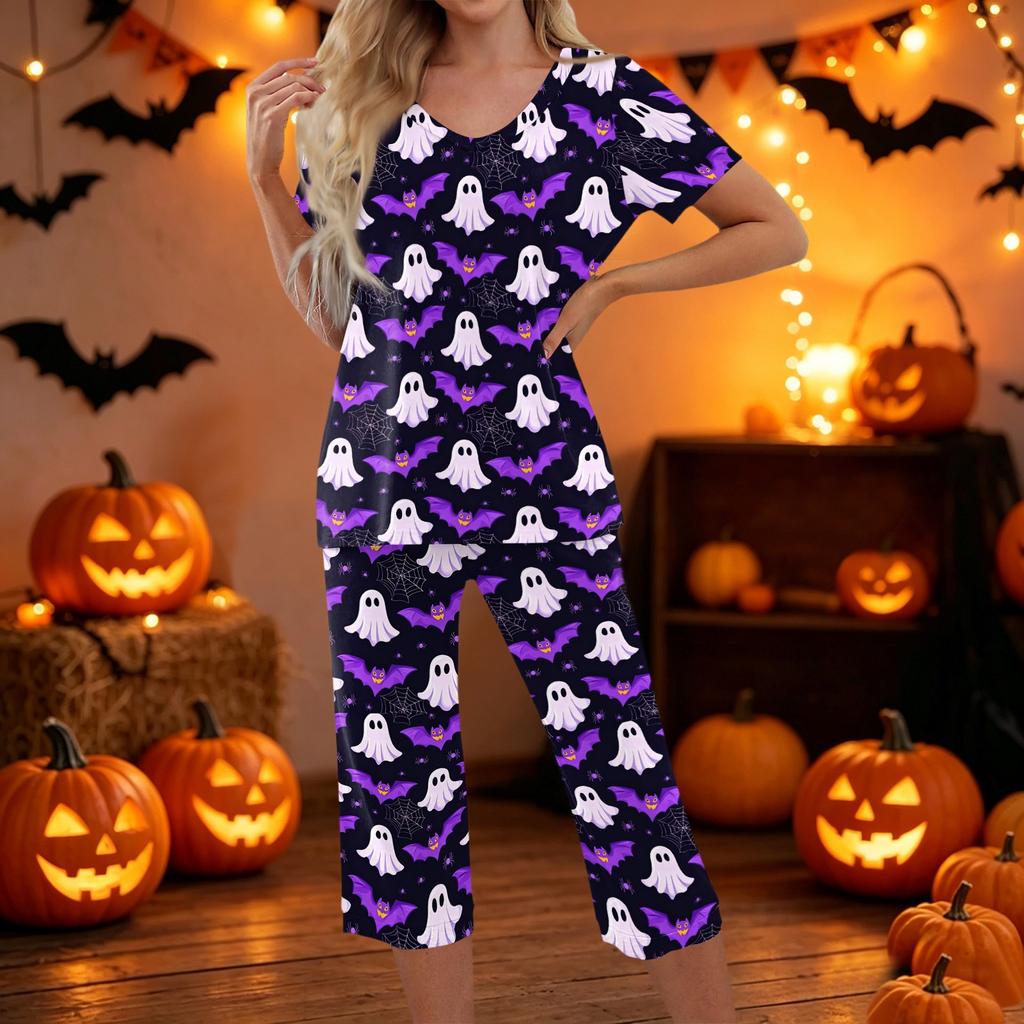 Women Halloween Two Piece Set Short Sleeve Top and Capri Pants Lounge Wear Pumpkin Print Casual Sleepwear Set