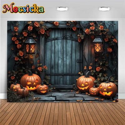 Mocsicka Halloween Hintergrund Fotografie Rose Grau Holzhaus Tür Dekoration Herbst Kürbis Party Foto Hintergrund Studio Banner