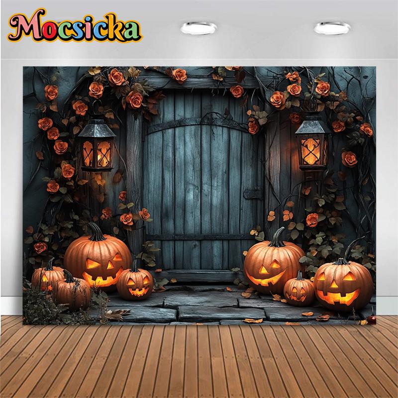 Mocsicka Halloween Backdrop Photography Rose Grey Wooden House Door Decoration Fall Pumpkin Party Photo Background Studio Banner