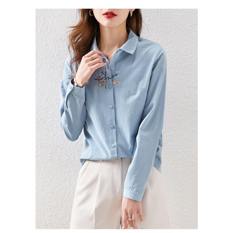 Spring Autumn Polo-neck Embroidery Casual Fashion Blouse Women Long Sleeve Elegant Fashion Cotton Shirt Top