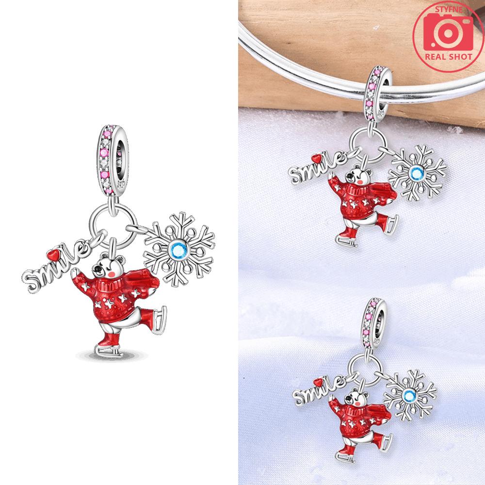 Red Sweater Bear Blue Snowflake Snowman Luminous Pendant Original Copper Bead Fit Bracelet Diy Gift Women Accessory Jewelry