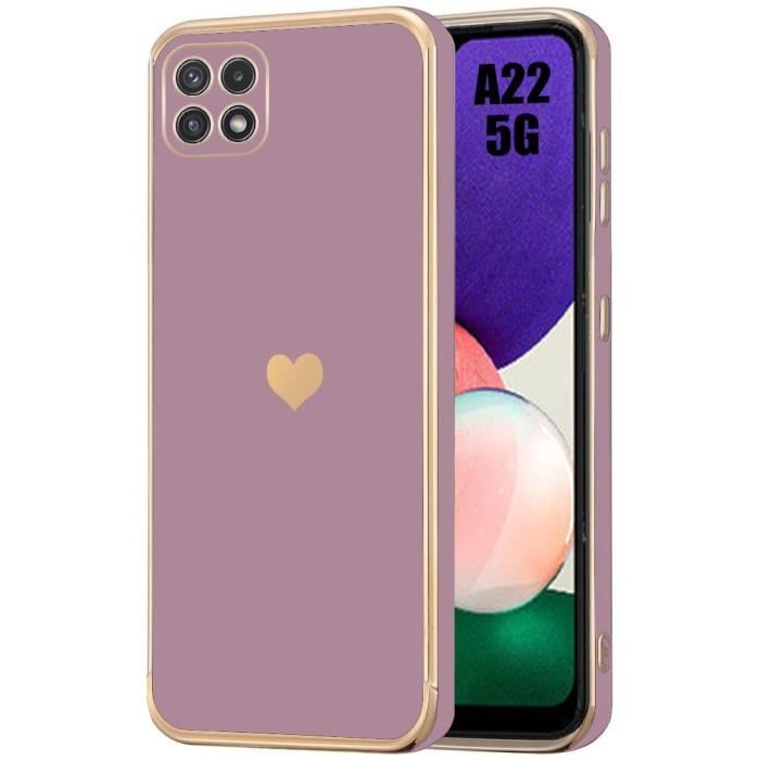 Coque - BOOLING - pour Samsung Galaxy A22 5G - Violet - Antichoc - Motif Cœur Doré