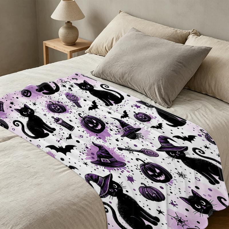 Black Cat Witch Flannel Throw Blanket Lightweight, Soft & Warm Halloween Christmas Home Blanket for Cozy Leisure