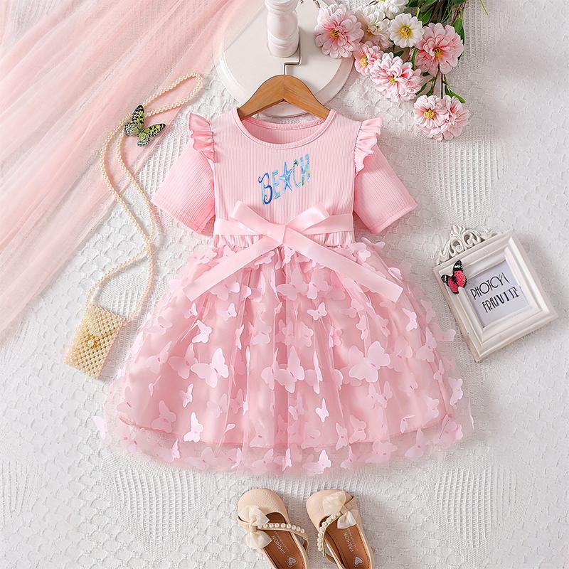 Girls Butterfly Tulle Dress, Art Print,Cute Princess Party Dress with Bow, Short Sleeve Summer Dress for Little Girls