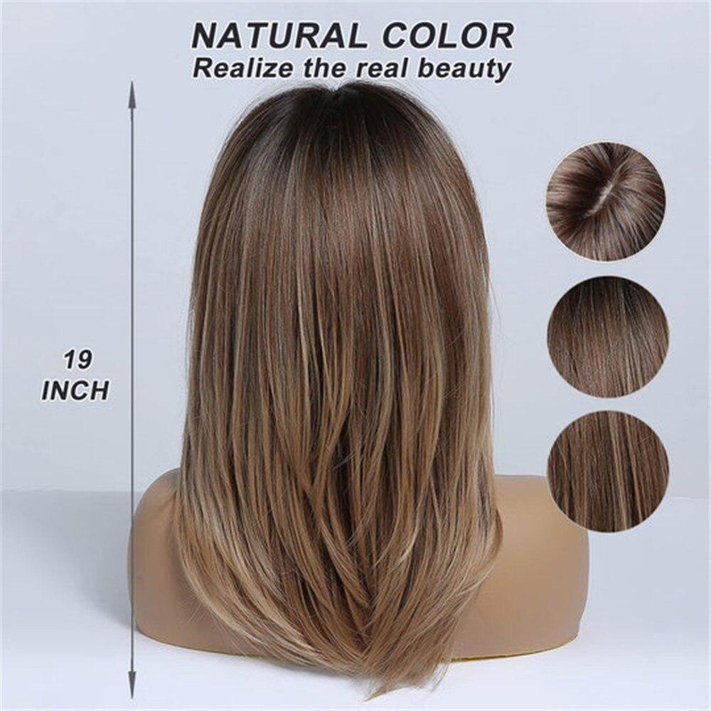 ALAN EATON Medium Length Brown Layered Synthetic Wig Ombre Straight Wigs with Bangs for Women Daily Use Soft Heat Resistant Hair