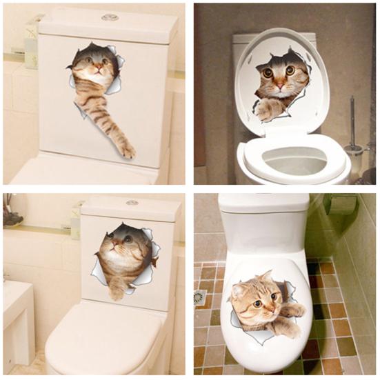 Cute Cat Dog Pattern Toilet Lid Cover Decal Wall Art Sticker Bathroom Home Decor