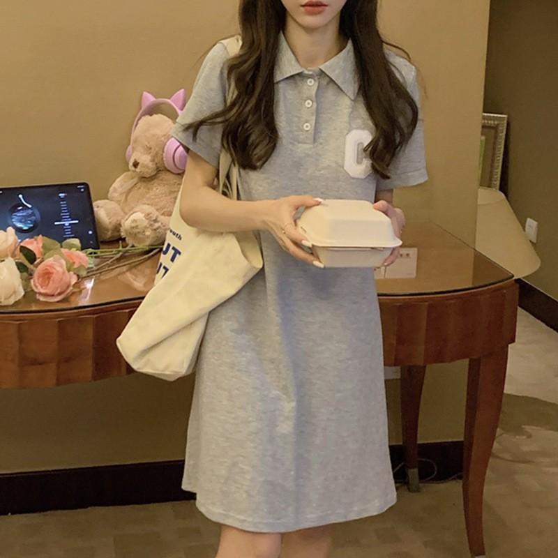 

Новое женское летнее платье с короткими рукавами и воротником-поло, облегающее платье в студенческом стиле, платье трапециевидной формы 2XL серый