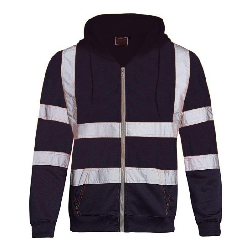 Fleece-lined Outdoor Sanitation Workwear Men's High Visibility Reflective Strip Zipper Color Blocking Hooded Sweatshirts
