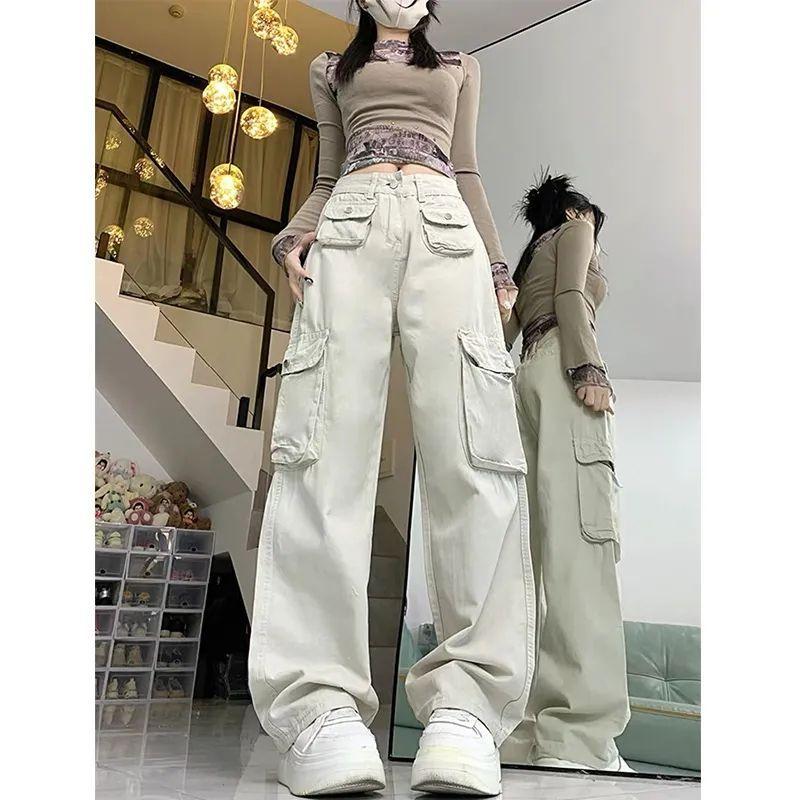 

Sand white overalls women s high waist summer thin retro loose and thin narrow straight wide-leg pants 2XL