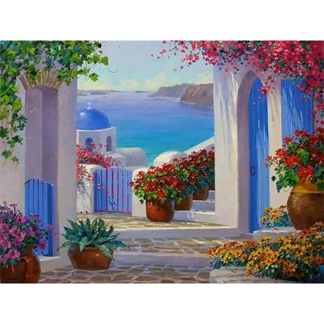 DIY 5D Diamond Painting Cross Stitch Sea Scenery House Full Round Drill Landscape Diamond Embroidery Mosaic Art Home Decor Gift