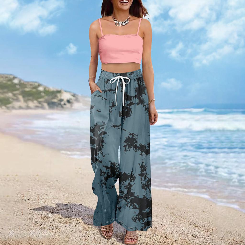 Dámské letní kalhoty Boho Palazzo s vysokým pasem a širokými nohavicemi s květinovým potiskem ležérní kalhoty s kapsami