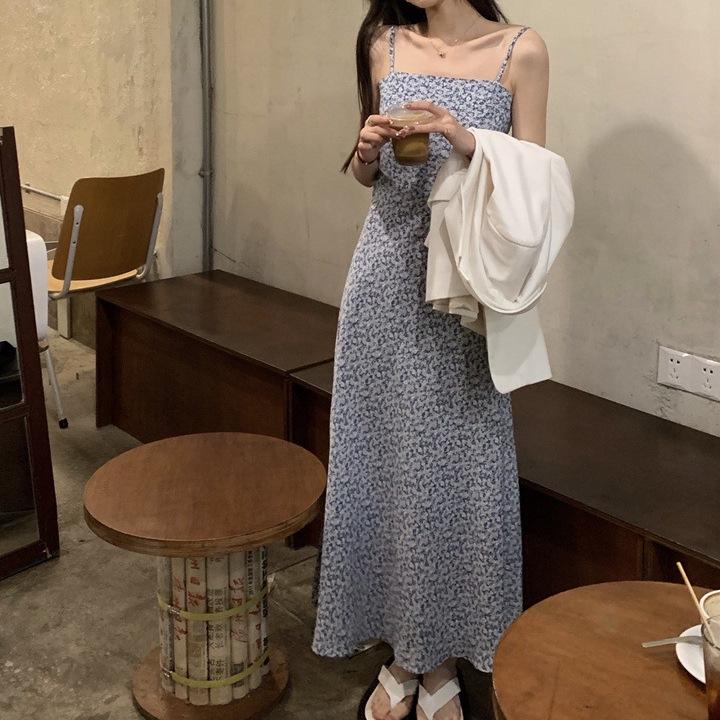 One-Shoulder Floral Midi Dress for Women, Summer Vacation Style, Slimming, Spaghetti Straps, Backless