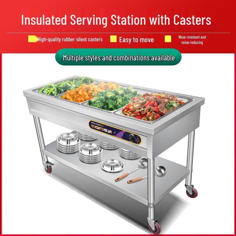 Stainless Steel Mobile Food Warming Table with Casters - Insulated Hot Dish Serving Cart