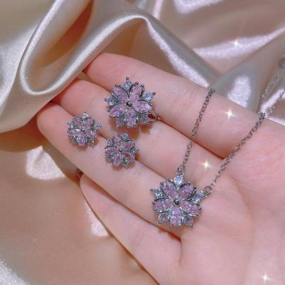 Korean Pink Zircon Wedding Jewelry Set: European & American Style Earrings, Necklace, Ring