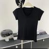 Letní bílé slim fit tričko s krátkým rukávem pro volný čas Dámské slim U-výstřih Kancelářská dáma Tričko Topy Elegantní Jednobarevné Jednoduchá trička Dámské oblečení 24226