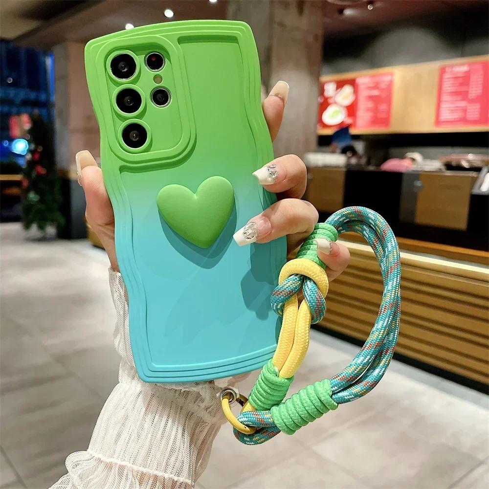 Süßes Liebesherz Armband Hülle für Samsung Galaxy S23 S24 S2 Ultra S22 S21 Plus S20 FE A4 A34 A3 A2 Lanyard Farbverlauf Abdeckung