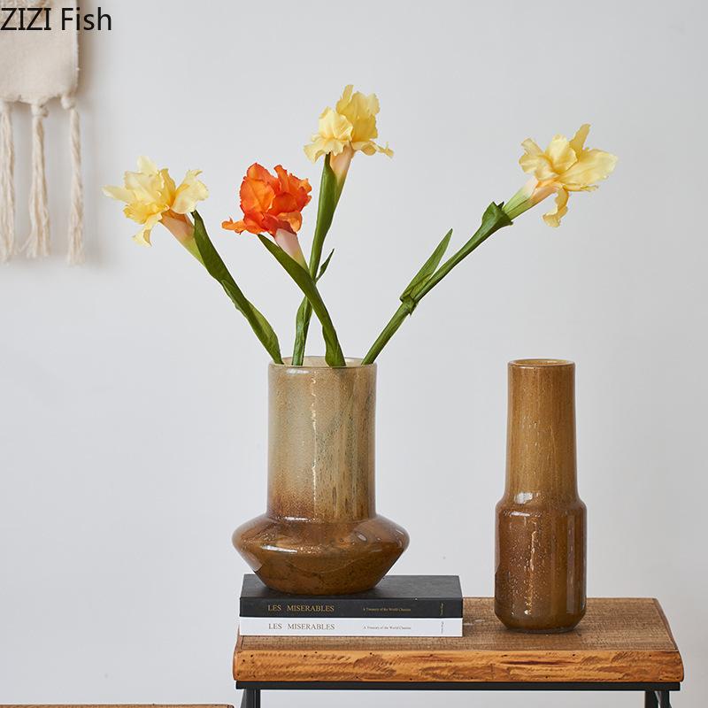 Creative Amber Color Glass Vase Hydroponic Floral Vases Table Decoration Flower Arrangement Ornaments Room Aesthetic Decor