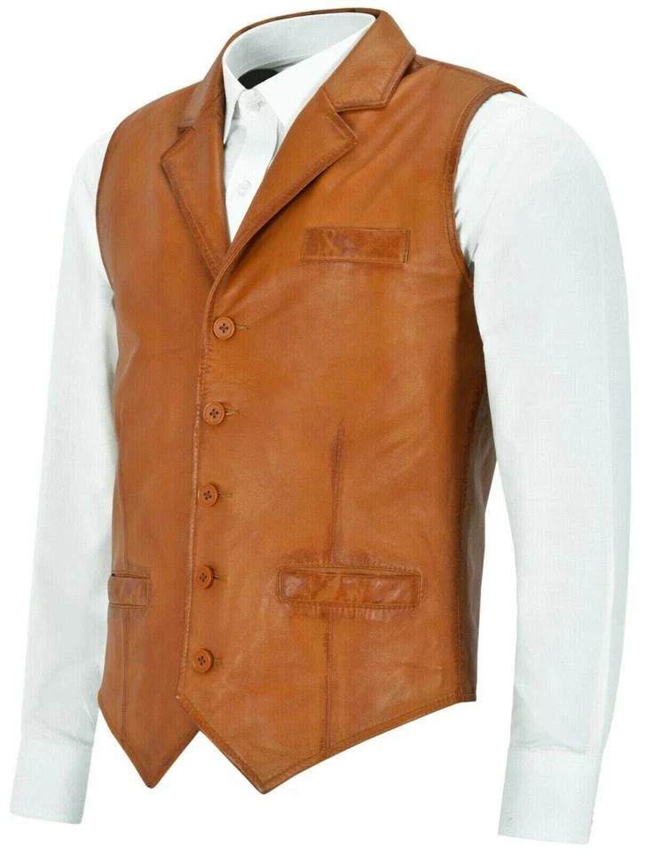 Tan Genuine Men's Real Leather Wedding Vest Coat Jacket Lambskin Motorcycle Handmade