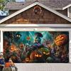 Halloween garage banner with cheerful spooky monsters castles and pumpkinsXY