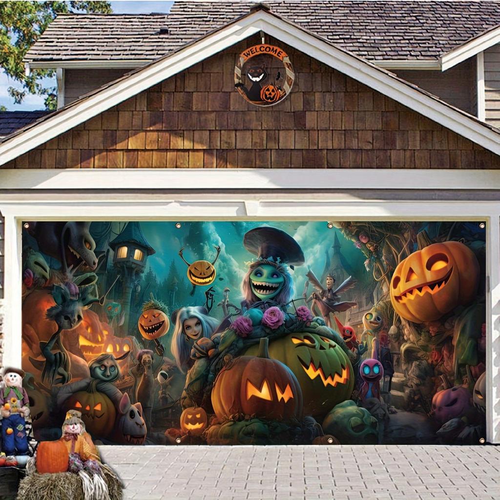 Halloween garage banner with cheerful spooky monsters castles and pumpkinsXY