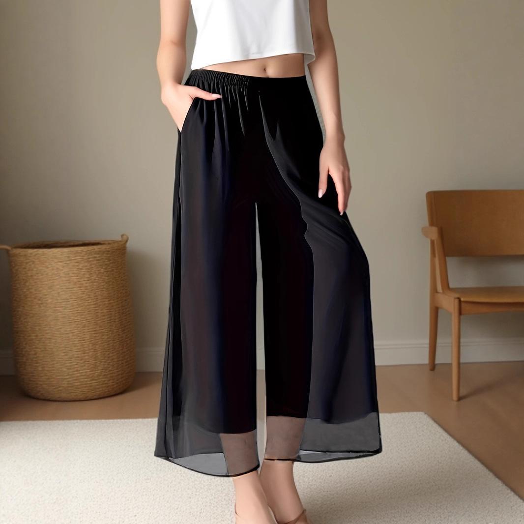 Women Navy Blue Elastic Waist Double Layer Chiffon Wide Leg Palazzo Pants S