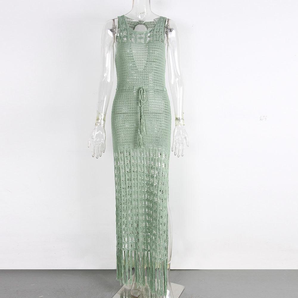 Women's Round Neck Sleeveless Crochet Maxi Dress Loose Fit High Waist Casual Beach Cover Up