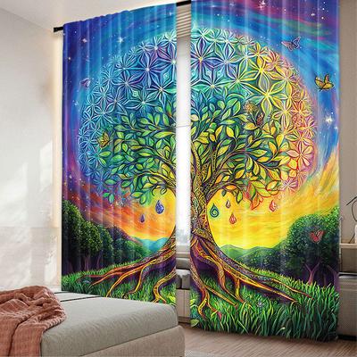 2-teiliges ethnisches Vorhang-Set „Baum im Tal“ mit spiralförmigen Ästen, die das Gleichgewicht von Mutter Erde widerspiegeln, für Schlafzimmer, Wohnzimmer und Esszimmer