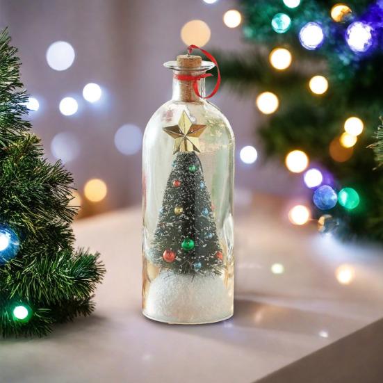Christmas Tree Message In A Bottle Recordable Voice Message Ornament with Cork Holiday Greeting Glass Bottle Snowy Scene Festive Gift