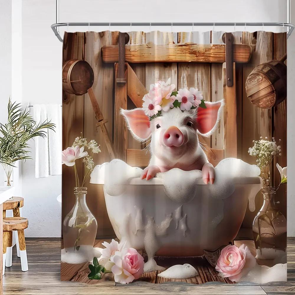 Roliga badande djur Duschdraperier Get Höglandsko Elefant Hund Gris Badrumsdekorationer Bad Djur Badkarsdraperi