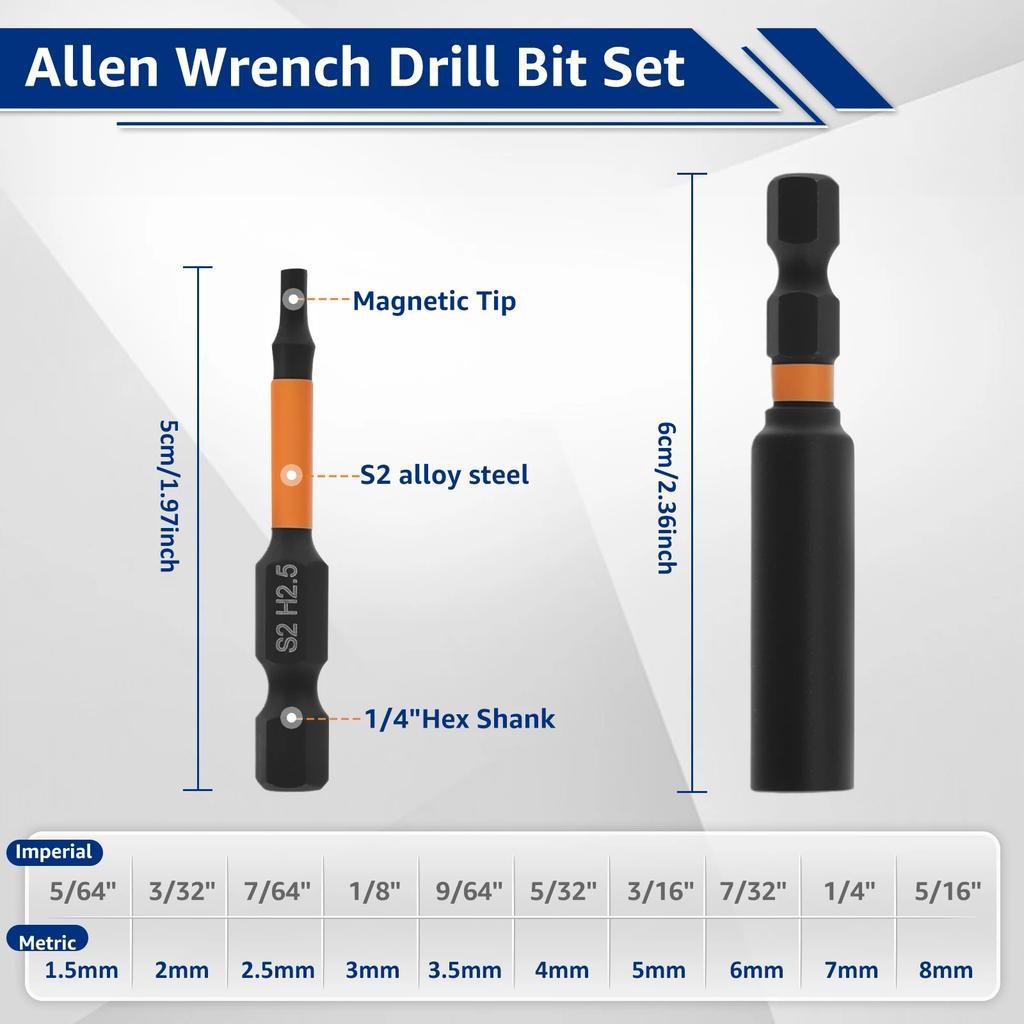 21Pcs 5cm Magnetic Allen Wrench Drill Bit with 1Pc 6cm Sleeve 1/4 "Hex Shank Screwdriver Bit Set Include H1.5-H8 and 5/64"-5/16"