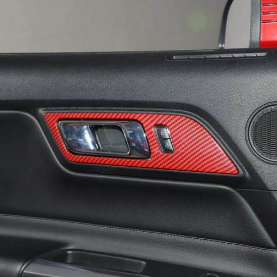 Red Carbon Inner Door Handle Bowl Cover Trim Accessories For Ford Mustang 15-25