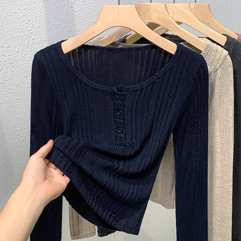 

Тонкая футболка с длинным рукавом и U-образным вырезом для женщин, новая коллекция весна-осень, женская рубашка с внутренней отделкой спереди и на плечах, трикотажный топ XL синий