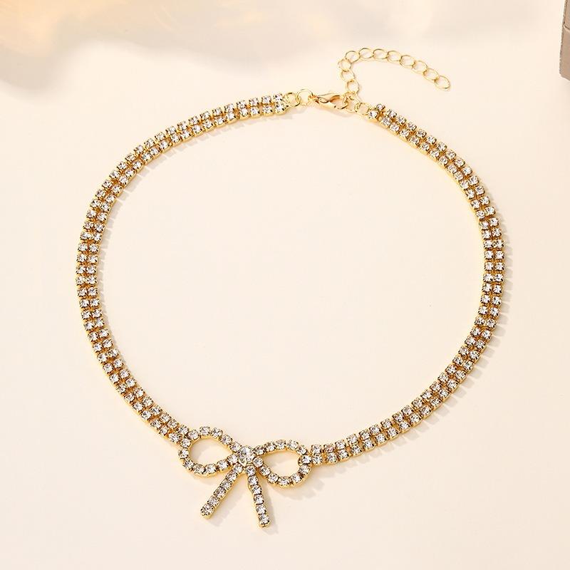 New Accessories Fashion Multi-layer Diamond Bow Necklace Ladies Alloy Bow Pendant