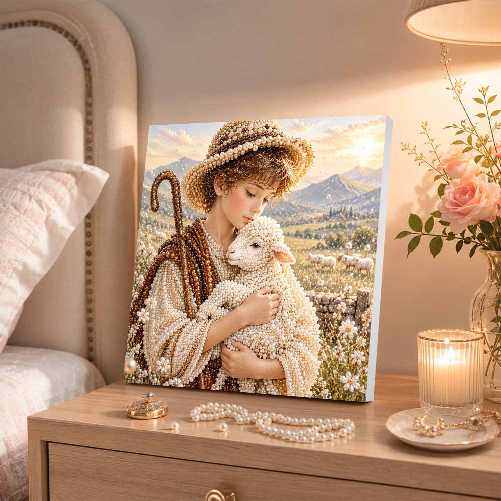 Pearl Painting 5D DIY Decorative Painting. Cute Birthday Gift. Handmade Sheep and Shepherd Art Painting