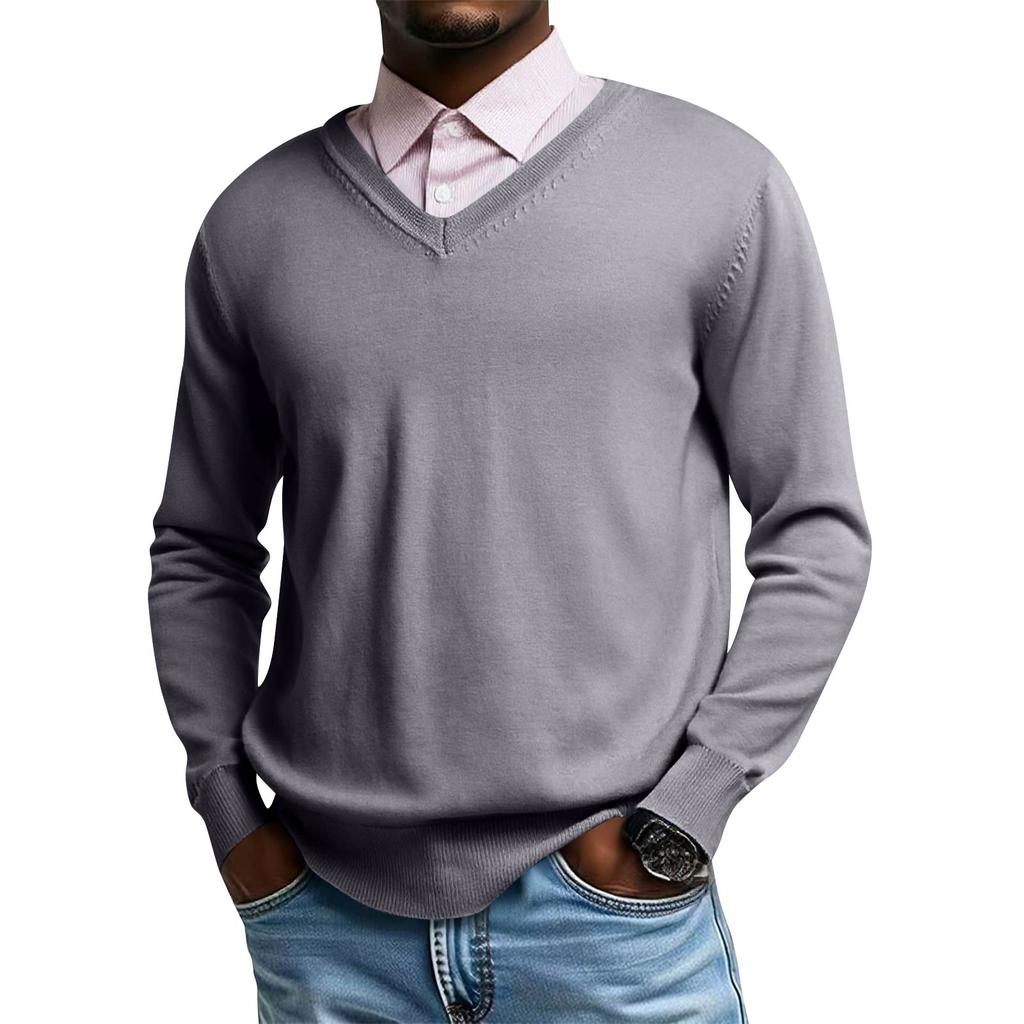 Męski dzianinowy top z dekoltem V i długim rękawem, codzienna wygoda, bluzka z długim rękawem