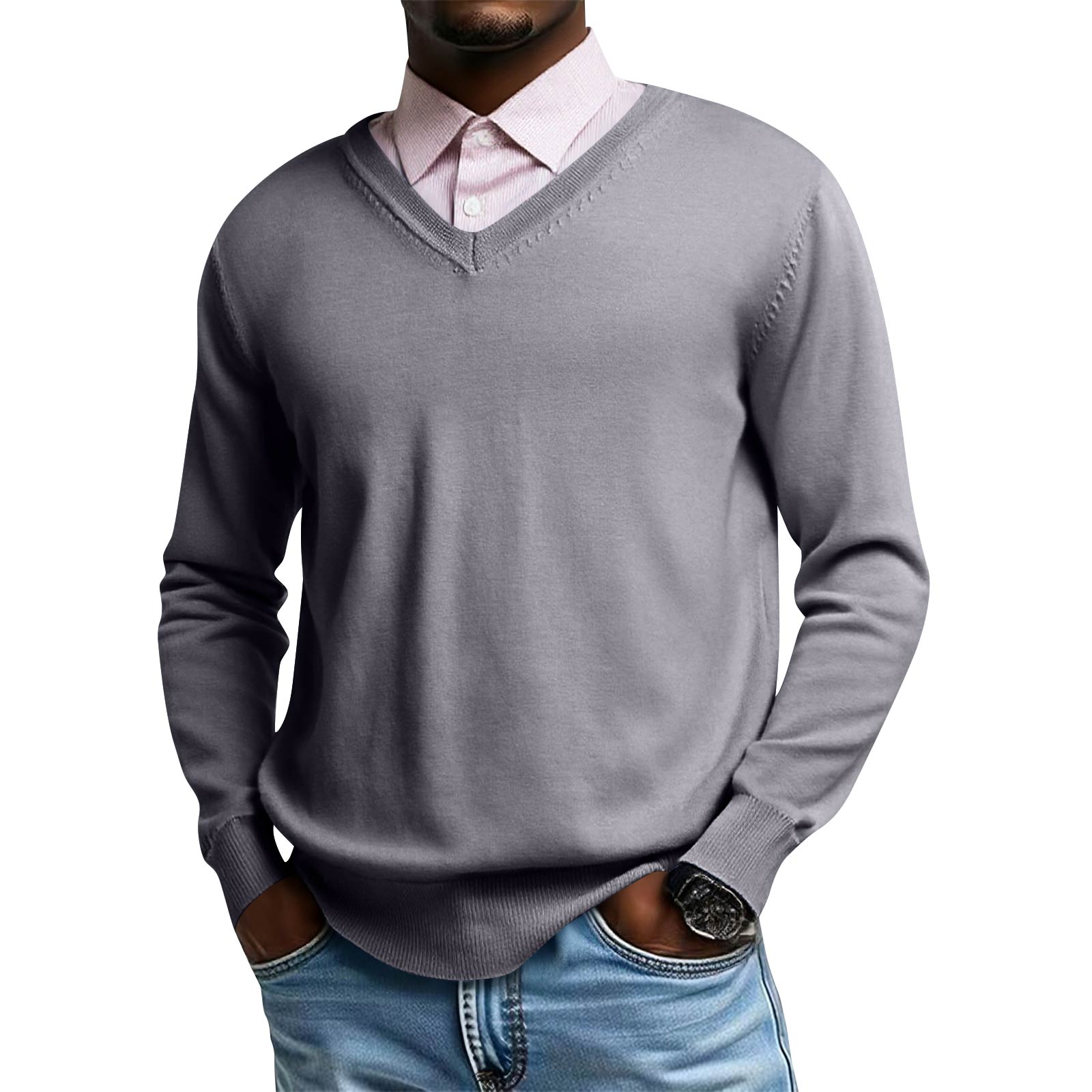

Мужской вязаный топ с V-образным вырезом и длинным рукавом, повседневная комфортная блузка с длинным рукавом M