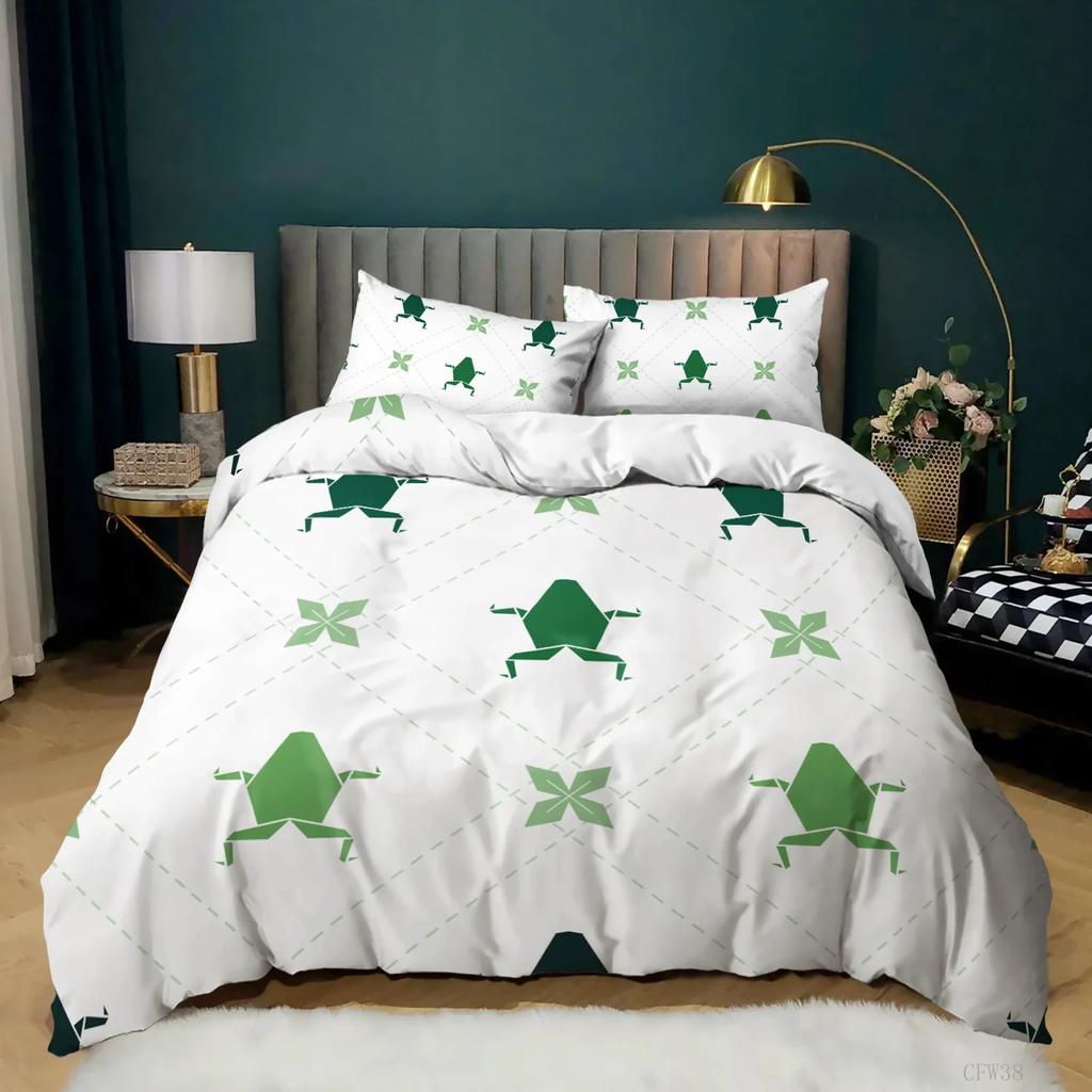 Cartoon Frog Duvet Cover Set Light Green Cartoon Frogs Cute Dragonfly Animal Bedding Set for Kid Twin Size Polyester Quilt Cover
