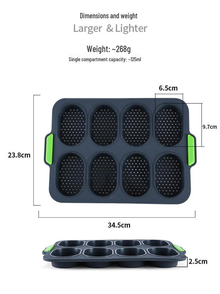 Oval Silicone Mold for French Mini Bread, Mousse Cake, Chocolate, Soap, and Candle - 8 Cavities.