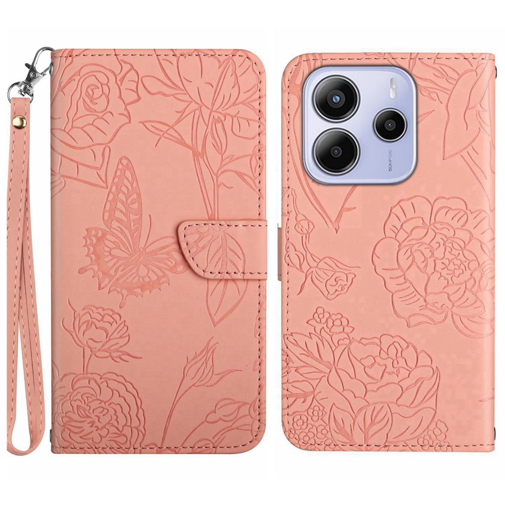 For Xiaomi Redmi Note 14 4G (163.25mm) Case Leather Phone Cover with Strap, Butterfly Flower Imprint
