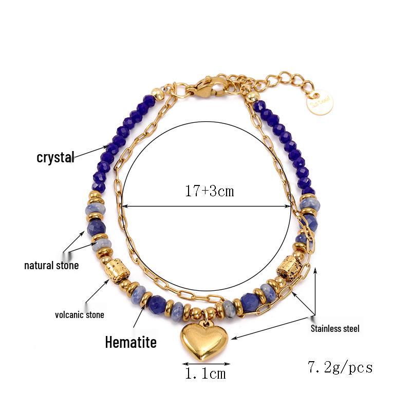 Bohemian Double-Layer Women's Bracelet with Natural Stone, Crystal & Stainless Steel Beads - Peach Heart Design