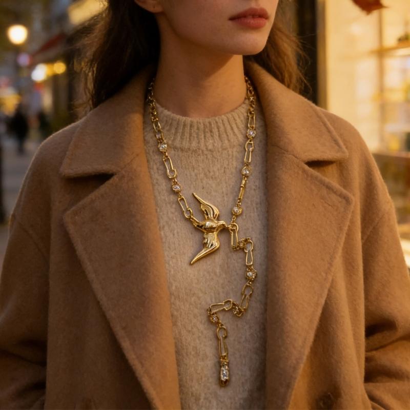 Elegant Gold Plated Peace Bird Charm Sweater Chain 80cm Length Retro Long Necklace Jewelry For Layering Outfits
